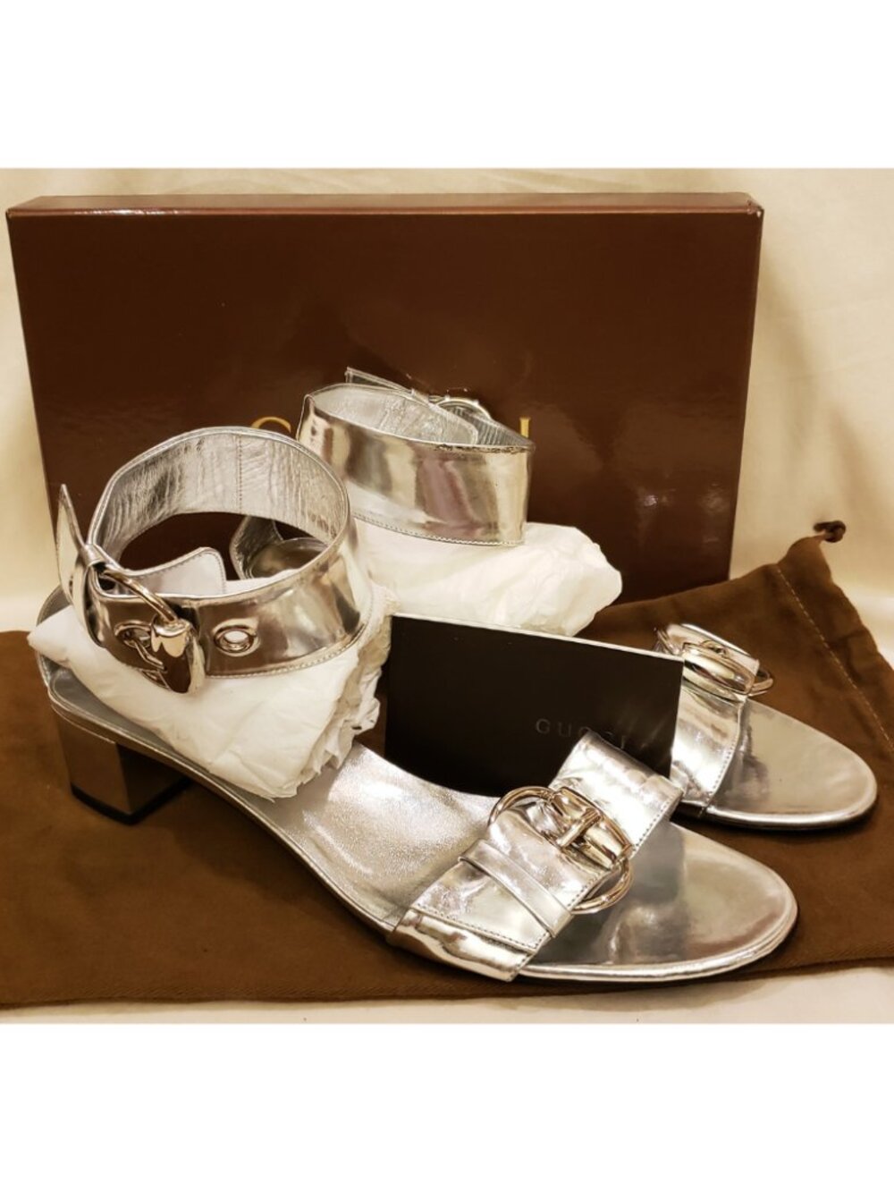 GUCCI Italy Ankle Strap Sandals Size-9B Silver Metallic Leather